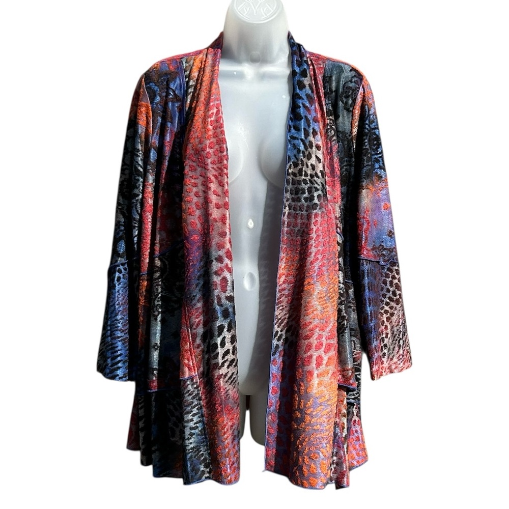 ALI MILES Sz M Wearable Art Artsy Multicolored Burnout‎ Knit Boho Open Cardigan.